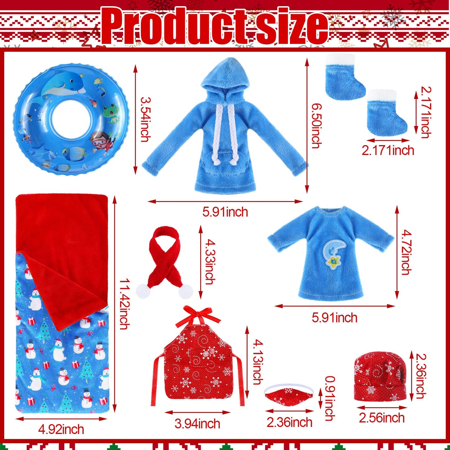 9 Pieces Christmas Elf Doll Accessories Set Include Elf Sleeping Bag Scarf Mask Shirt Hoodie Shoes Apron Chef Hat Swim Ring Fit