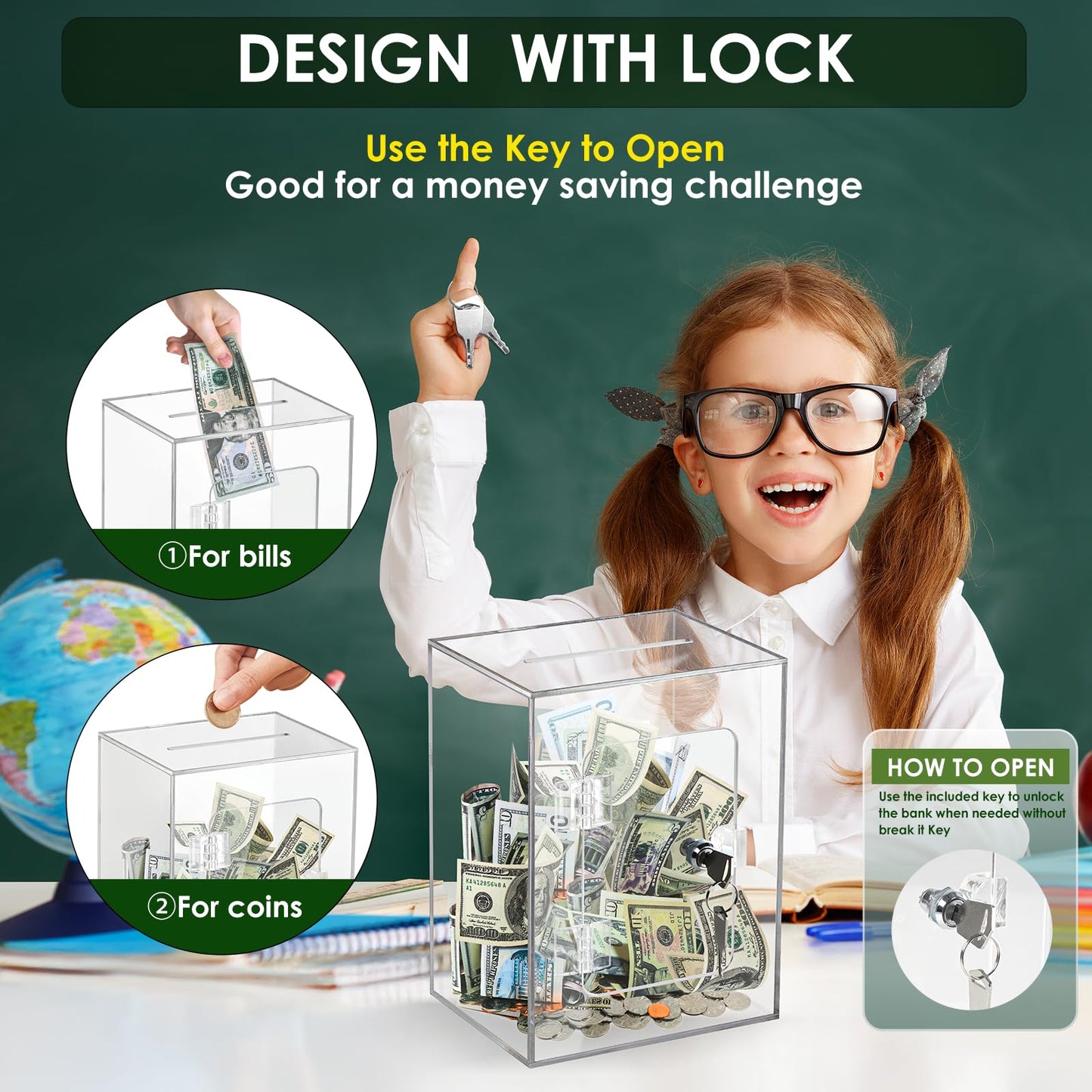 Vcertcpl Clear Acrylic Piggy Bank with Lock - Money Saving Box for Adults & Kids, Openable Coin Bank for Cash & Change Saving