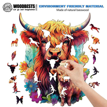 Woodbests Wooden Puzzle For Adults, Highland Cattle Family Puzzle (M, 170Pcs, 9.2'X11.4') Beautiful Wooden Box, Wooden Jigsaw Puzzles Unique Shape, Birthday Gifts For Adults And Kids Family Game