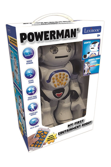 LEXIBOOK Powerman - Remote Control Walking Talking Toy Robot, Dances, Sings, Reads Stories, Math Quiz, Shooting Discs, and Voice