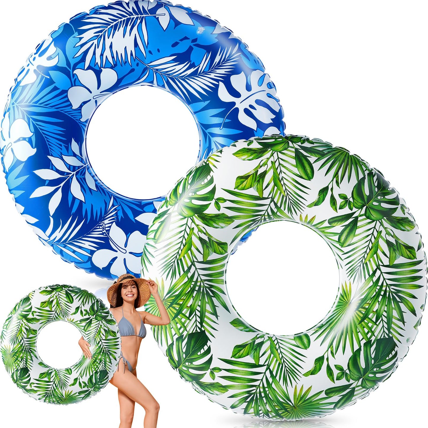 Silipull 2 Pcs Large Float Tube 47.24 Inches Inflatable Pool Floats Jumbo Tropical Leaves Inflatable Pool Tube Rings Swimming Ri