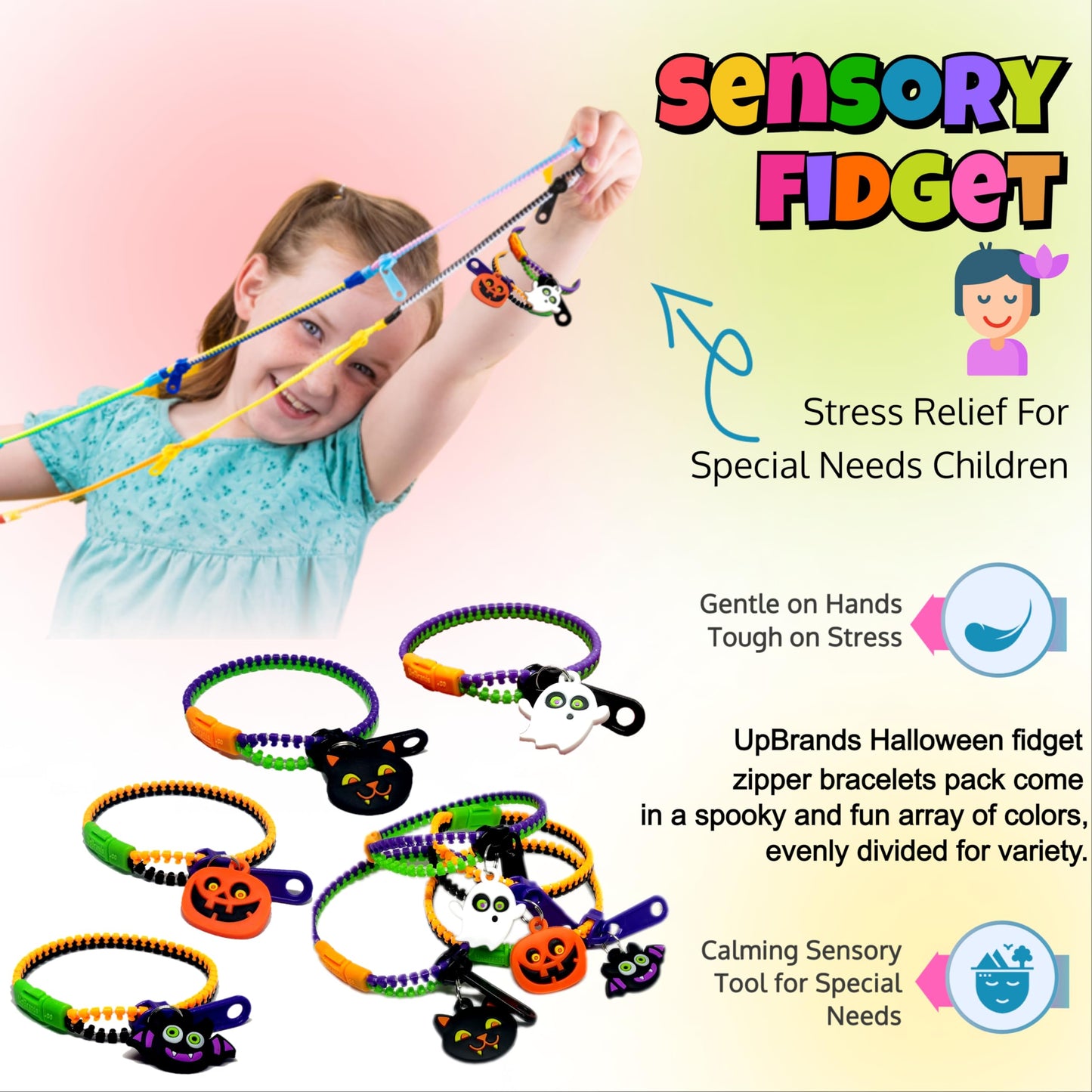 UpBrands 96 Pack Halloween Zipper Bracelets: Non-Candy Treats, Fidget Toys for Stress Relief, Ideal Party Favors & Gifts for Kid