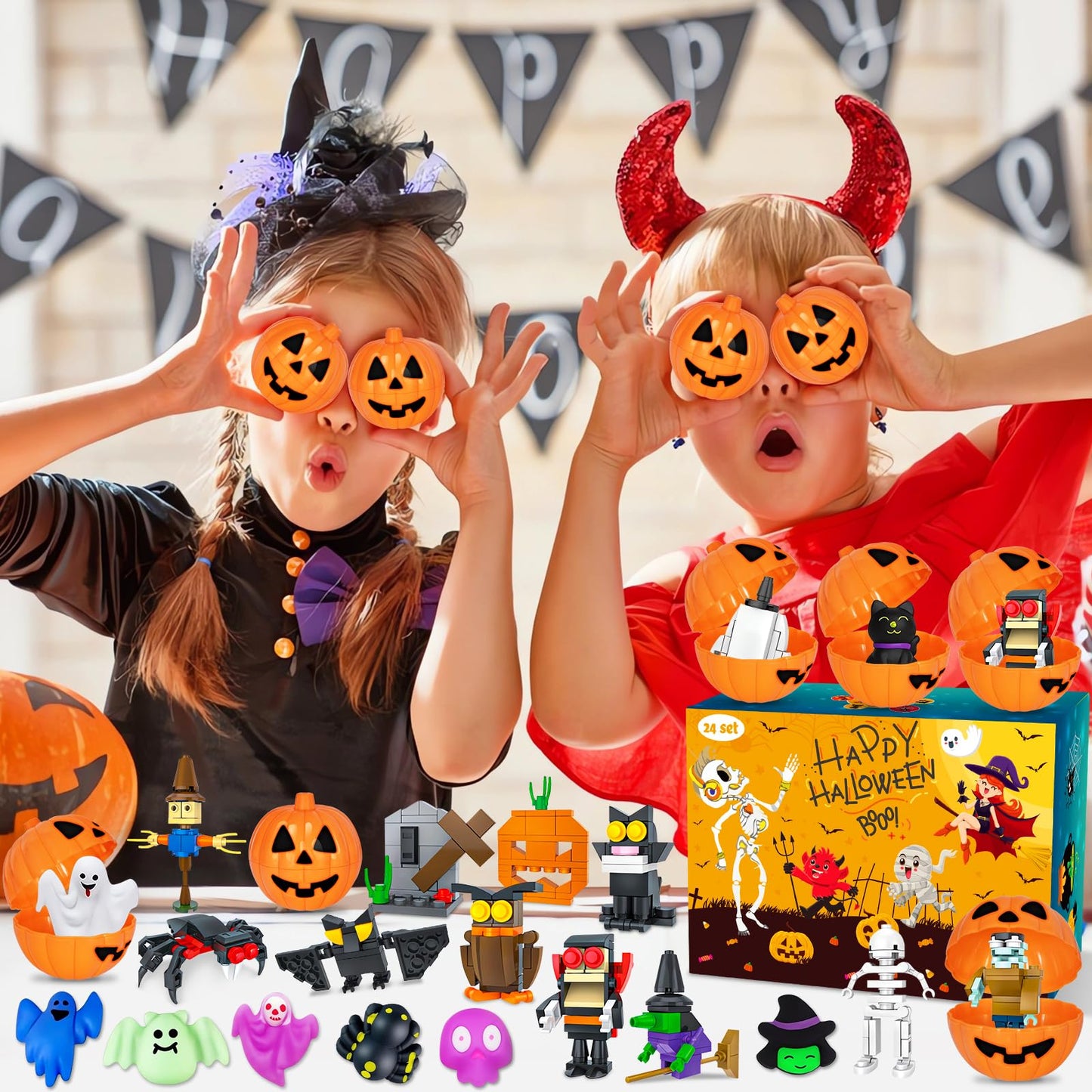 Halloween Party Favors for Kids, 48 Pcs Halloween Pumpkin with Halloween Squishy and Building Blocks, Halloween Goodie Bags Fill