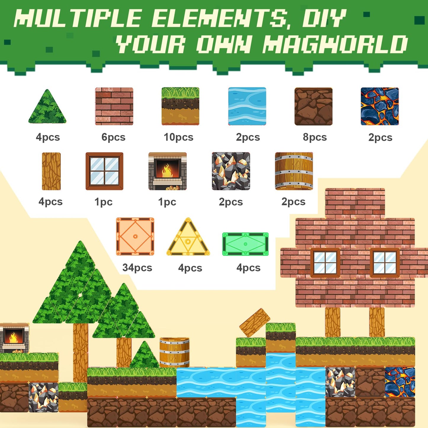 Magnetic Building Blocks Stimulate Mine Magworld Building Craft 84PCS Magnetic Tiles Toppers Construction Game Playset Kids Toys