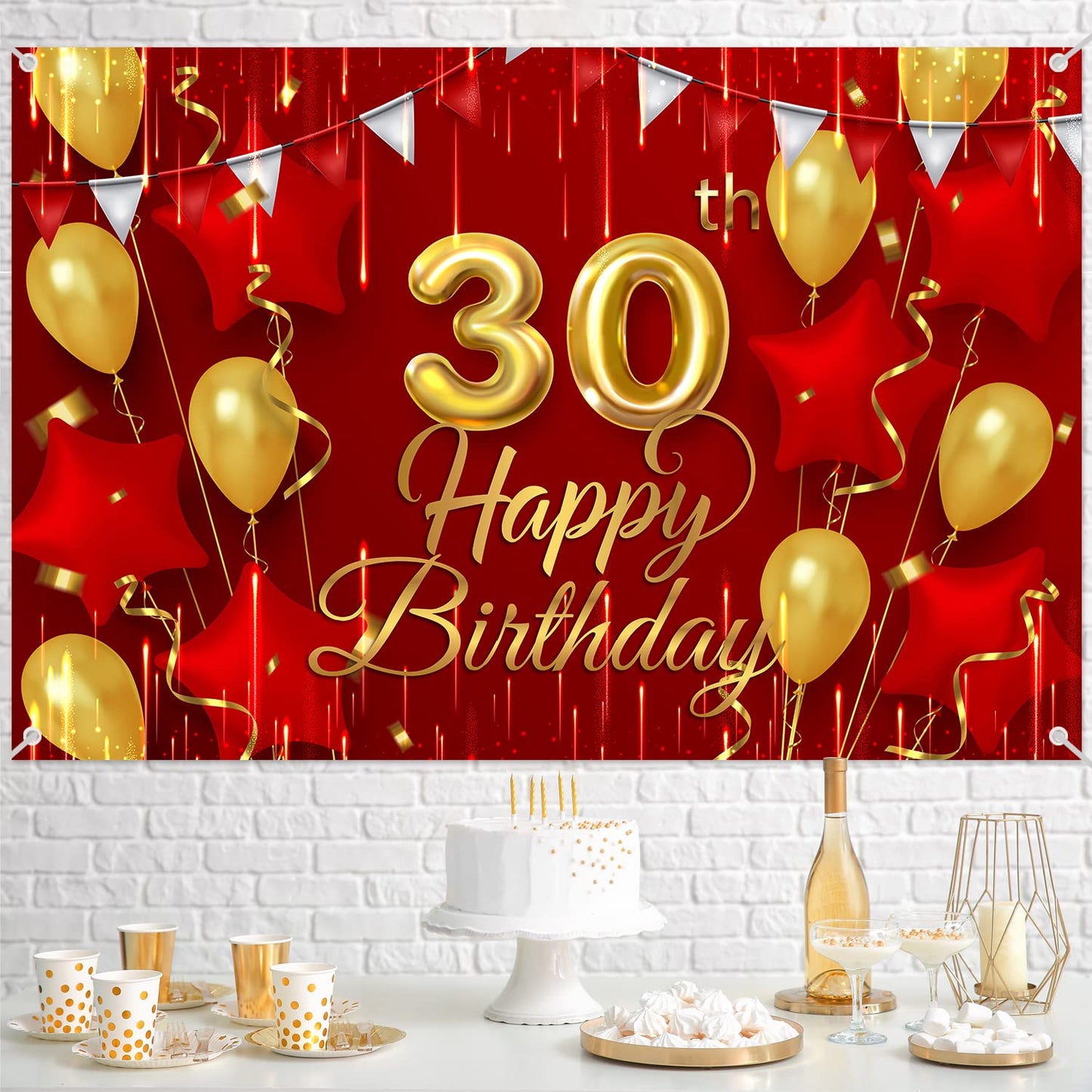 30Th Birthday Backdrop Banner Decorations Red And Gold For Women Men Happy 30 Years Old Bday Background Photography Party Decor Sign Supplies
