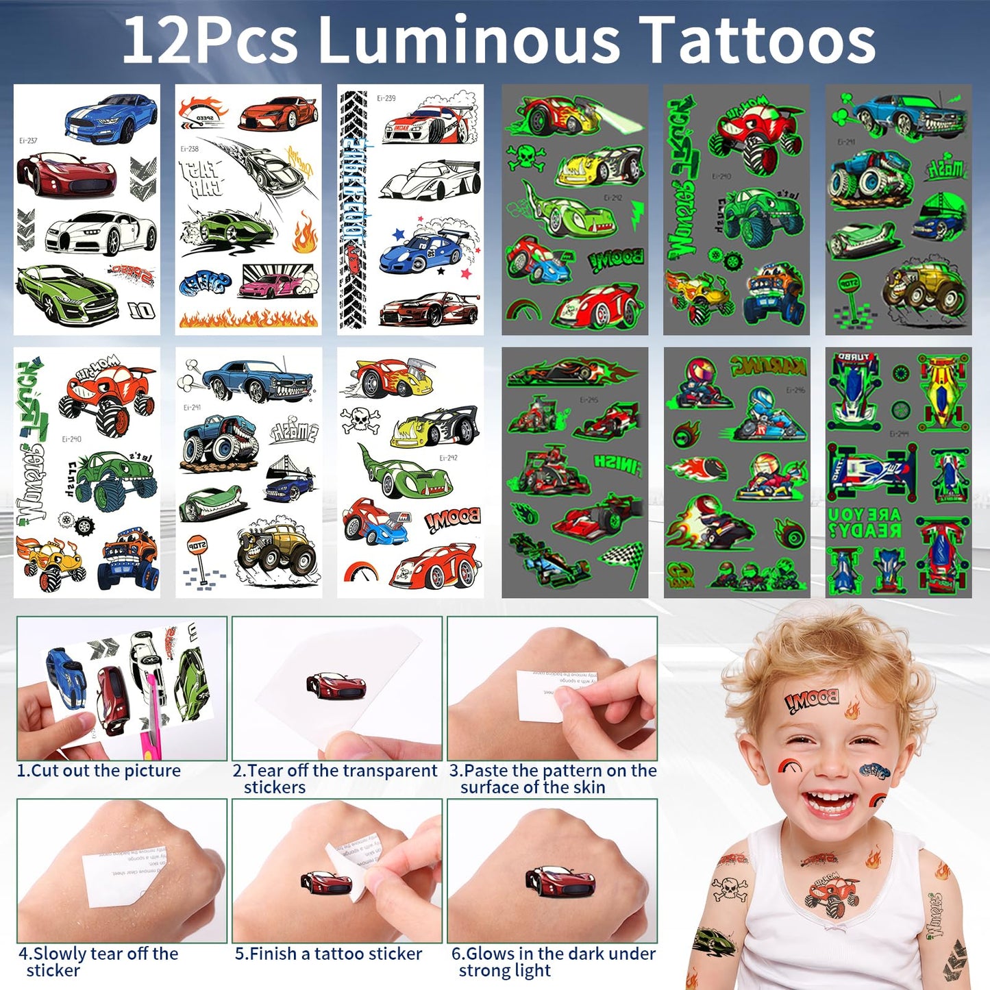 Winrayk 12 Sets Race Car Party Favors Birthday Supplies Racing Drawstring Bags Luminous Tattoo Stickers Boys Kids Racing Gifts T