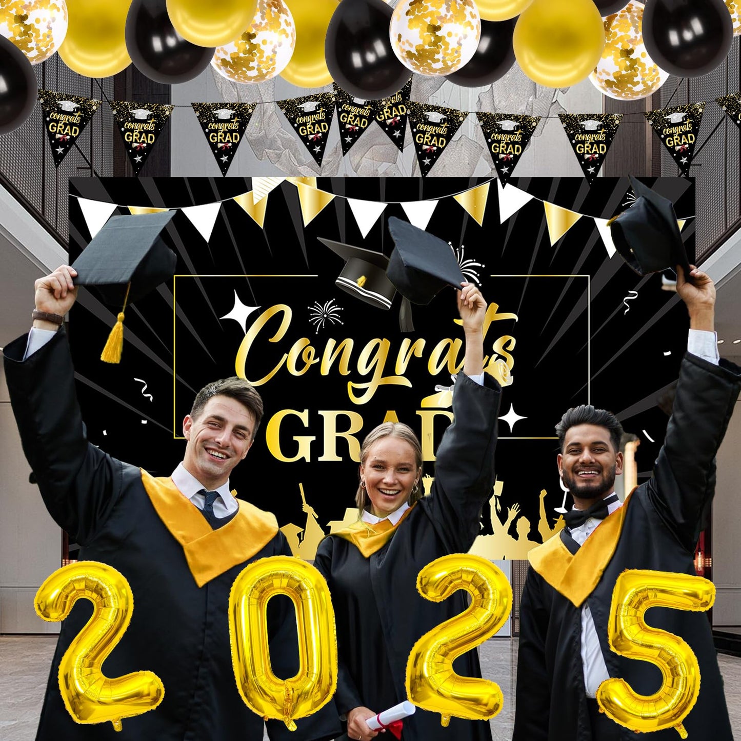 Graduation Decorations 2025, Black and Gold Graduation Decorations Class of 2025 Congrats Grad Backdrop Banner Porch Sign with f