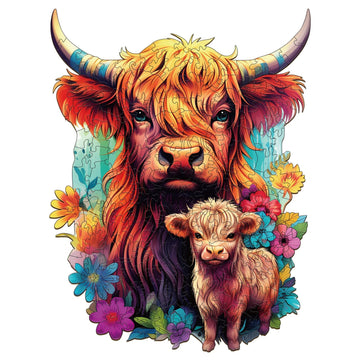 Woodbests Wooden Puzzle For Adults, Highland Cattle Family Puzzle (L, 240Pcs, 10.7'X13.3') Beautiful Wooden Box, Wooden Jigsaw Puzzles Unique Shape, Birthday Gifts For Adults And Kids Family Game