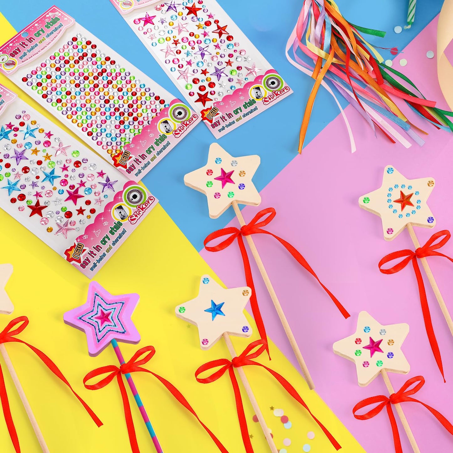 Mezchi 70 Pcs Star Princess Fairy Wands Craft Kit, Make Your Own Wand Craft DIY Magical Wand Kit Includes 16 Unfinished Wooden P