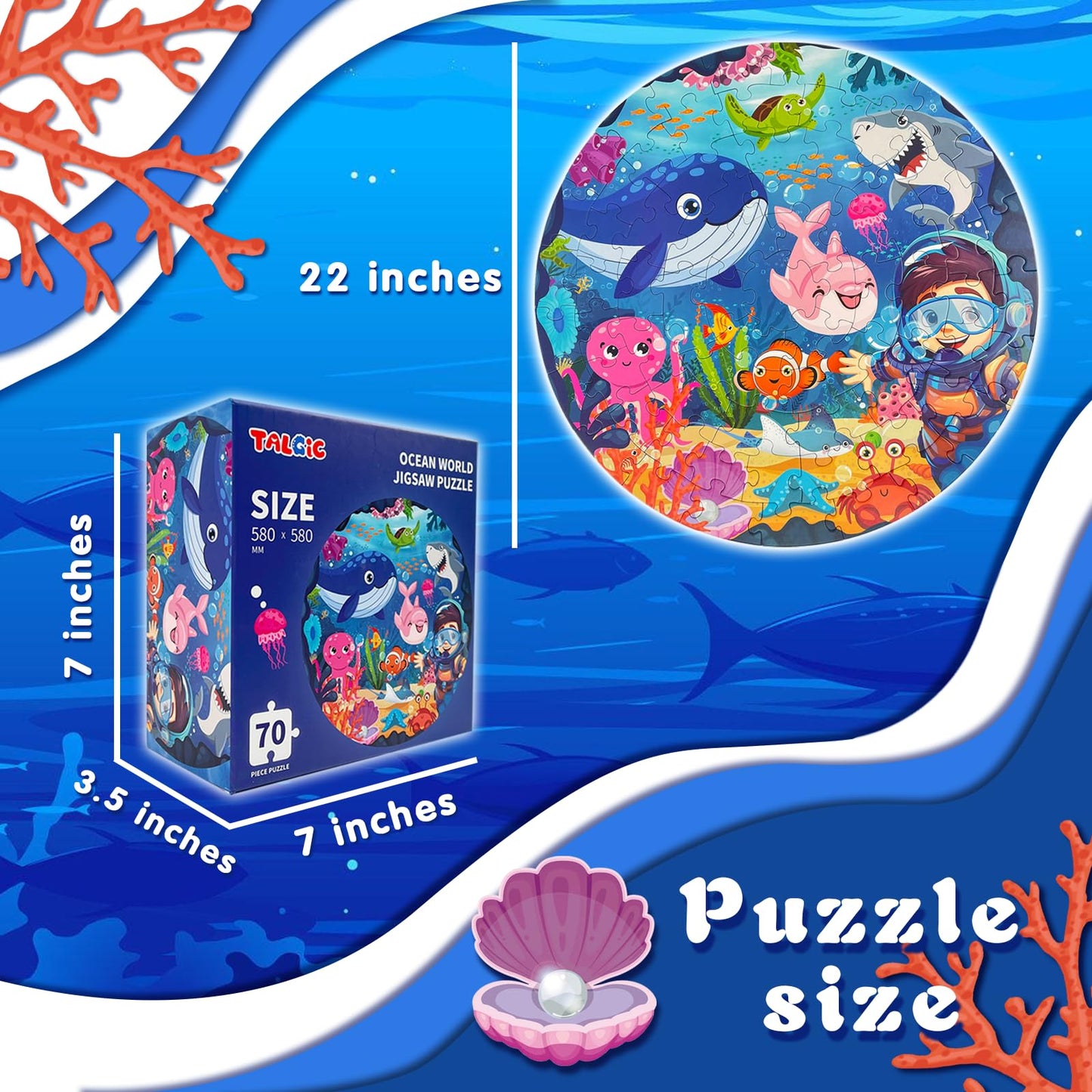 Talgic Puzzles For Kids Ages 4-6, Large 70 Piece Round Ocean Floor Puzzles For Kids Ages 3-5, Kids Puzzles 4-6 With Colorful Und