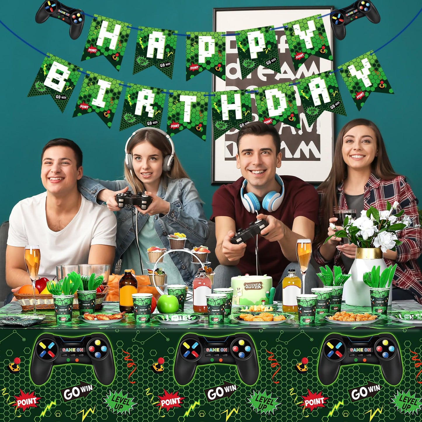 172 Pieces Video Game Party Decoration Set Game Happy Birthday Banner Gamer Party Supplies Plastic Tablecloth Paper Plates Table