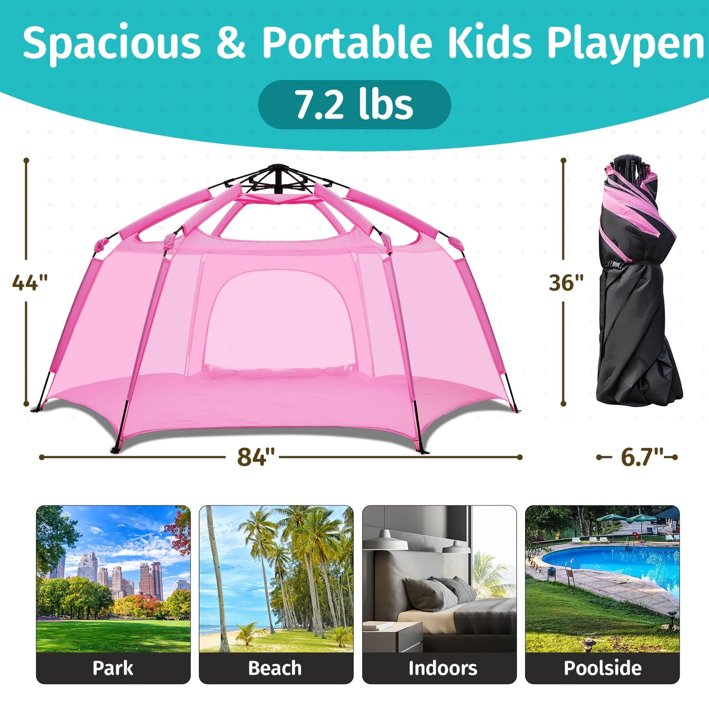 Alvantor Pop Up Playpen- 7'x7'x44 Baby Playpen Large Kids Play Tent Portable and Foldable Playpen Indoor/Outdoor Play Yard wit