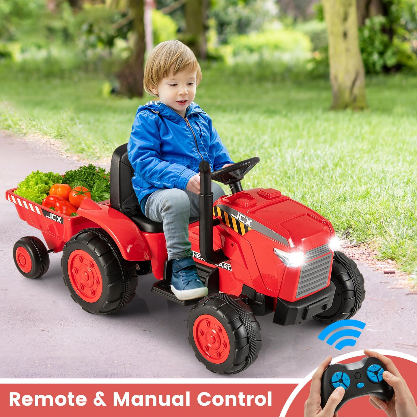 Olakids 12V Kids Ride On Tractor, Battery Powered Motorized Electric Car With Trailer, Dual Motors, Remote Control, Light, Music, Usb, Toddler Vehicle Toys For Boys Girls (Red)