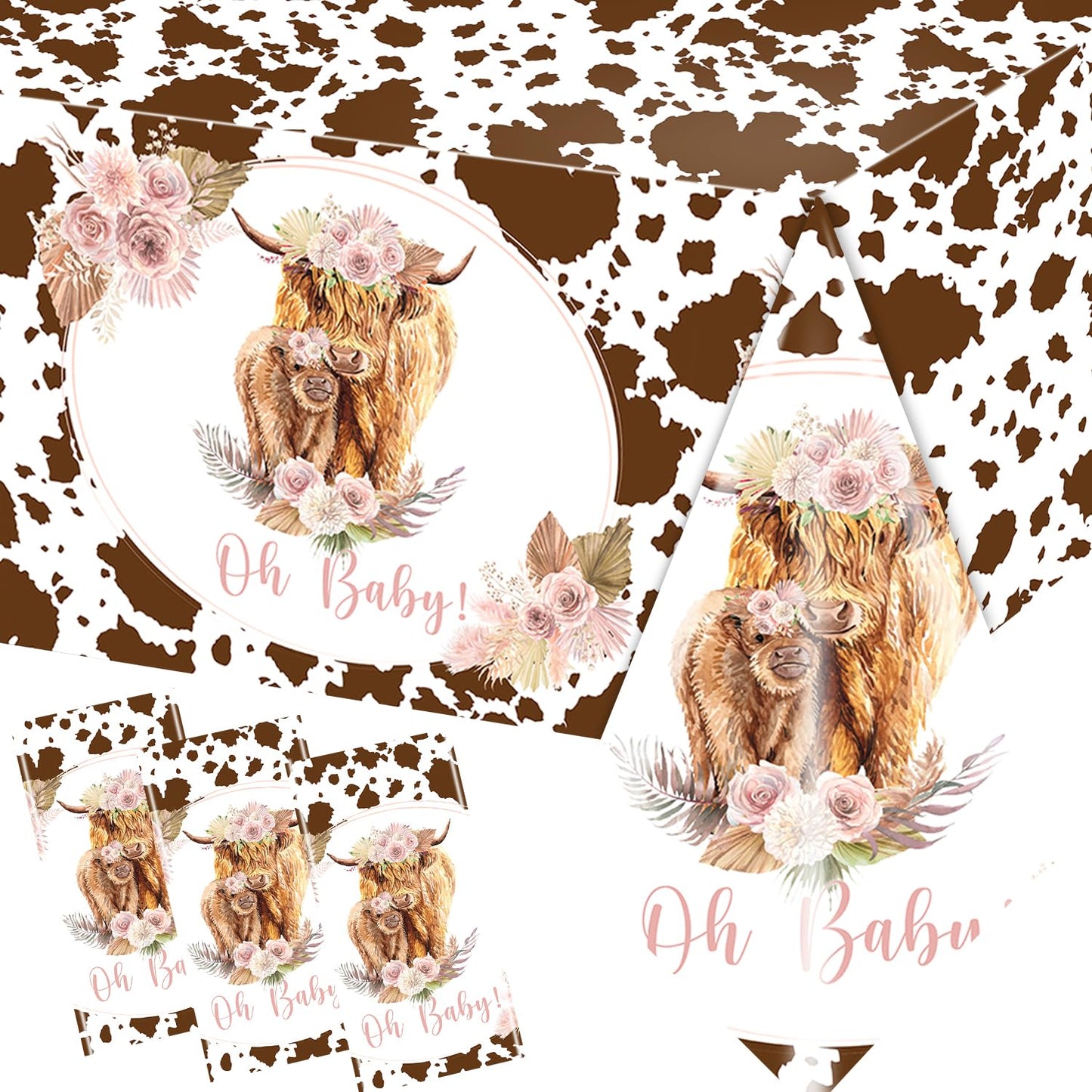 Hakoti 3Pack Holy Cow Tablecloth,Cow Baby Shower Decorations Brown Cow Print Rectangular Plastic Table Cover For Birthday Party