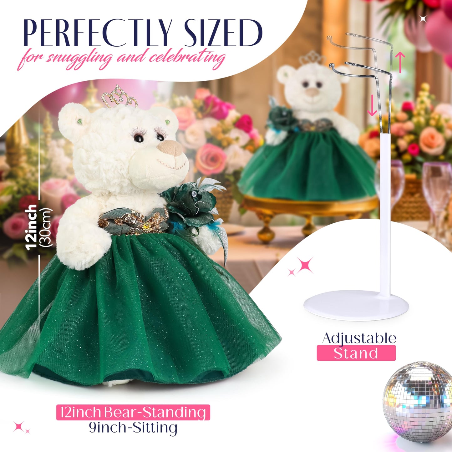 Kinnex Collections Since 1997 12'' Quince Anos Teddy Bear With Dress Embroidery Mis 15 Anos (Centerpiece) ~ B09631-33G (Emerald