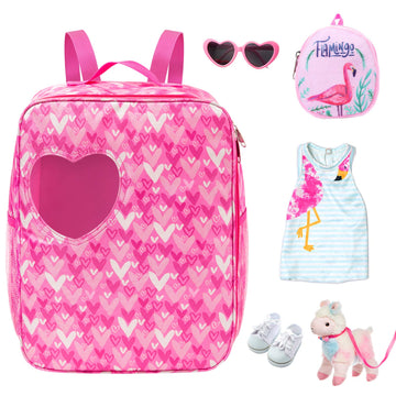 Ecore Fun 18" Girl Doll Carrier Bag with Clothes & Accessories, Pink, Model AGG-DBS-D5, Includes Doll Backpack & Shoes