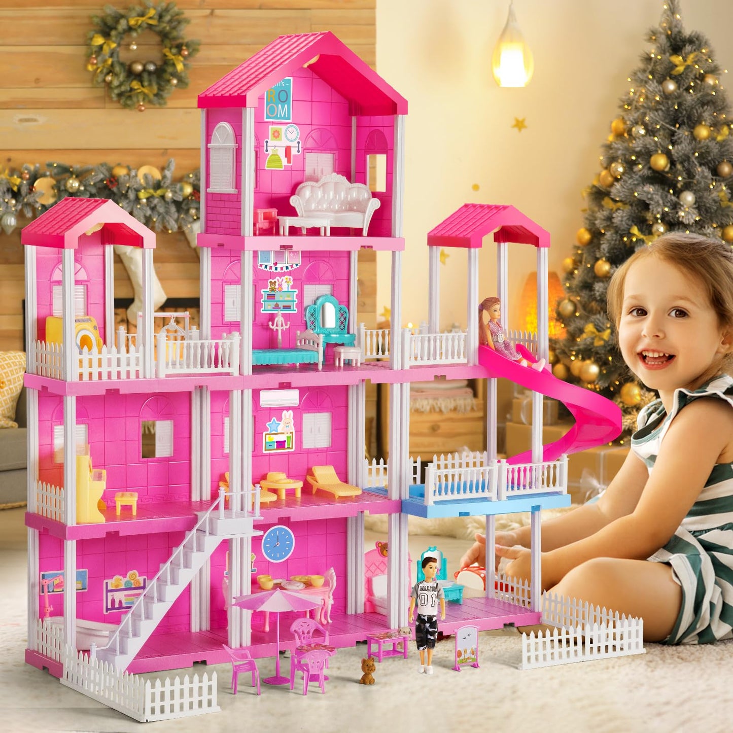 Temi Dream House Doll House With 2 Doll Toy Figures, 4-Story 10 Rooms Dollhouse With Accessories And Furniture, Toddler Playhouse Gift For Kids Ages 3 Toys For 3 4 5 6 Year Old Girls