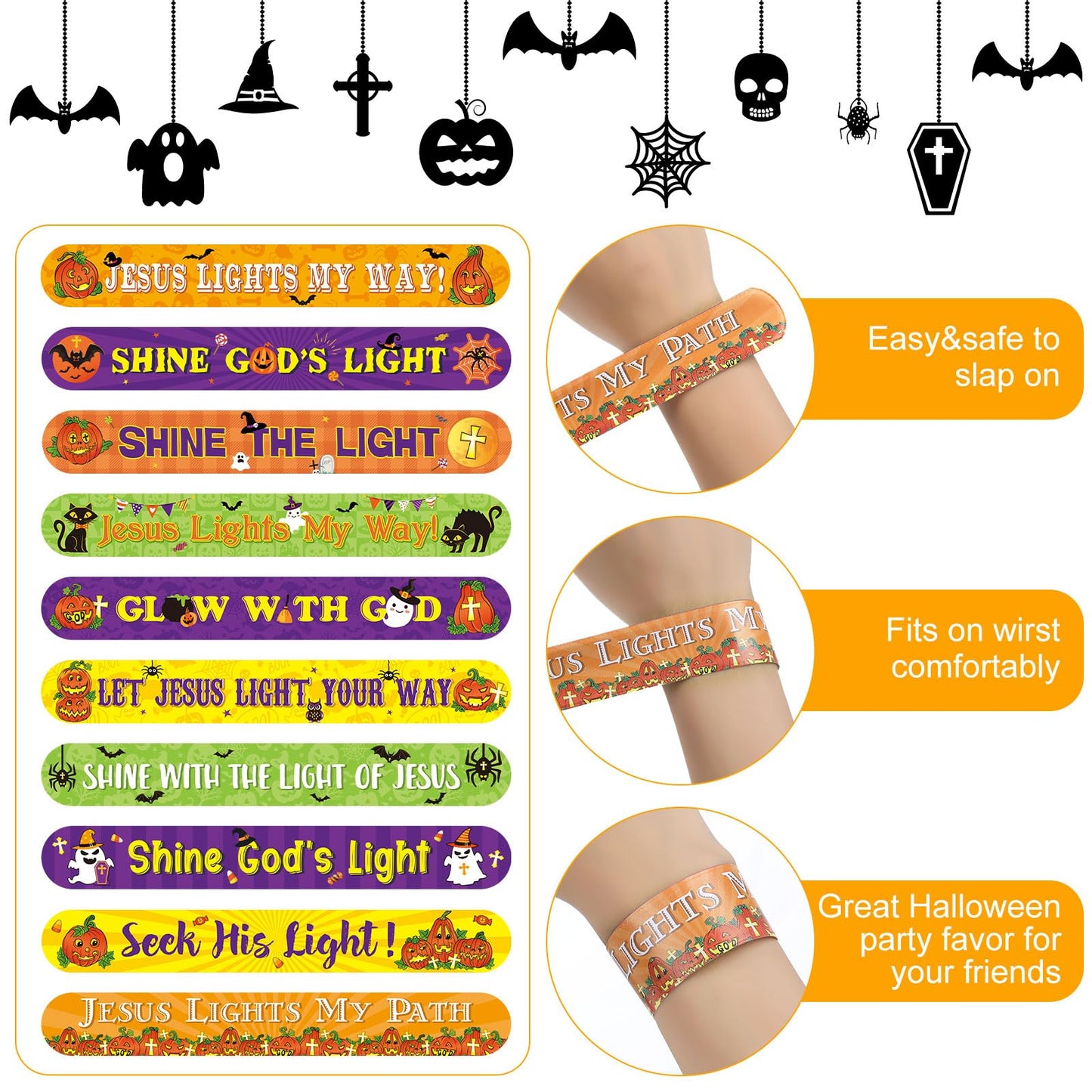 Frienda 40 Pcs Halloween Slap Bracelets Halloween Party Supplies And Decorations Halloween Bracelet With Pumpkin Bat Spider Pattern Kids' Play Bracelets For Office Home School Halloween Party Gifts