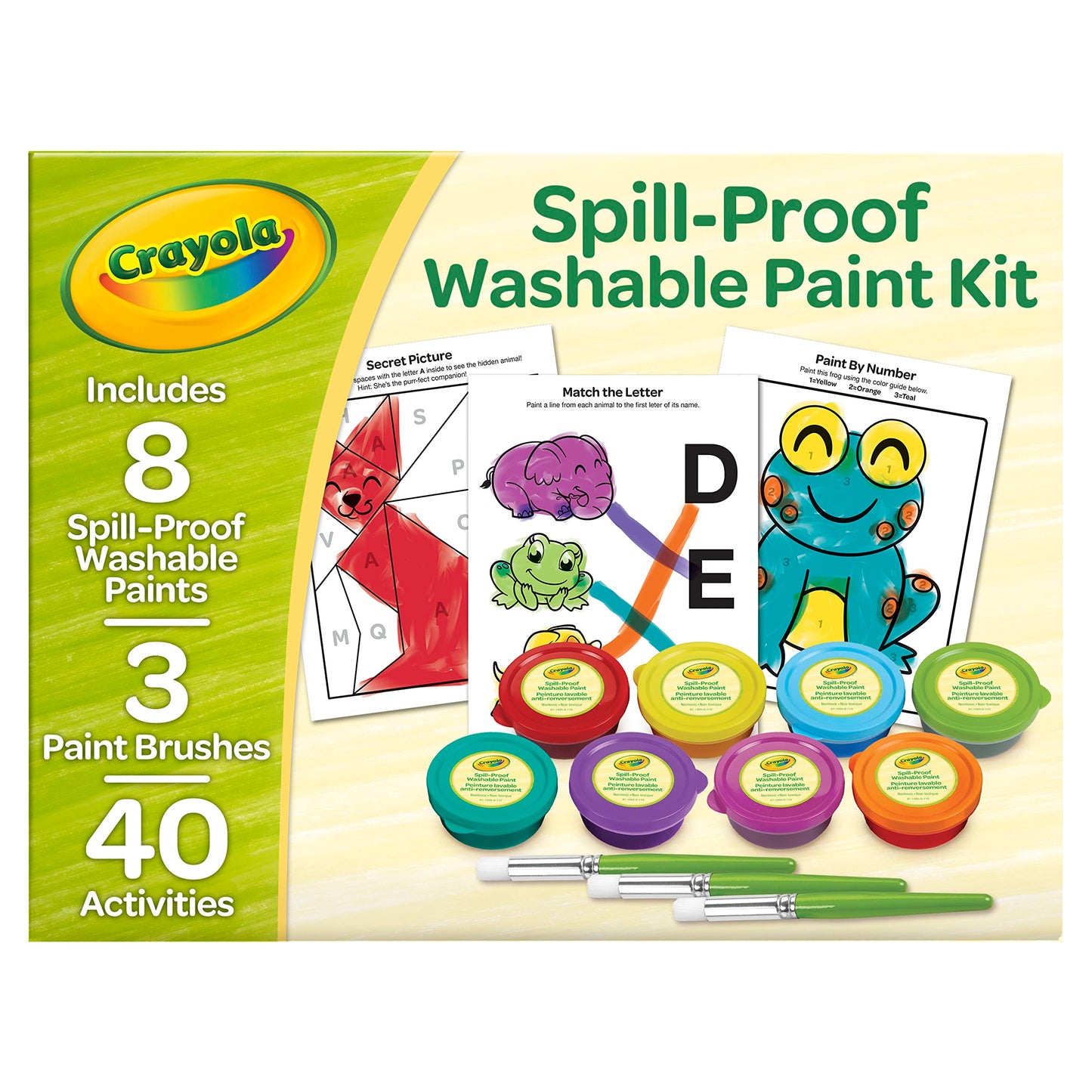 Crayola Spill Proof Paint Set (8Ct), Washable Toddler Paint Kit, Includes Brushes, Pots, Activity Pages, Toddler Gift, Ages 3+