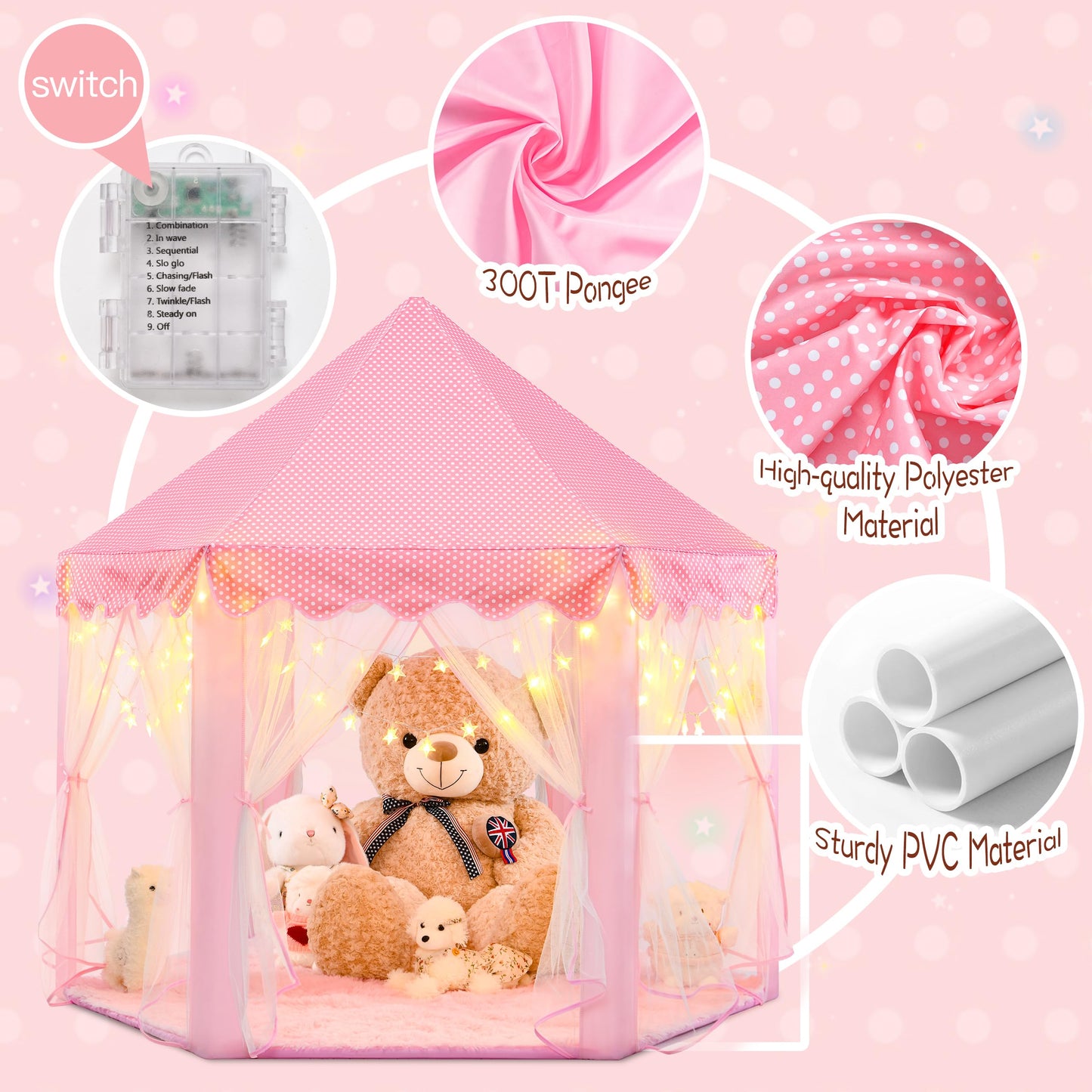 Evoionos Princess Tent With Lights And Rug, Play Tent For Girls, Kids Tent Indoor And Mat, Princess Castle Playhouse Tent For Gi