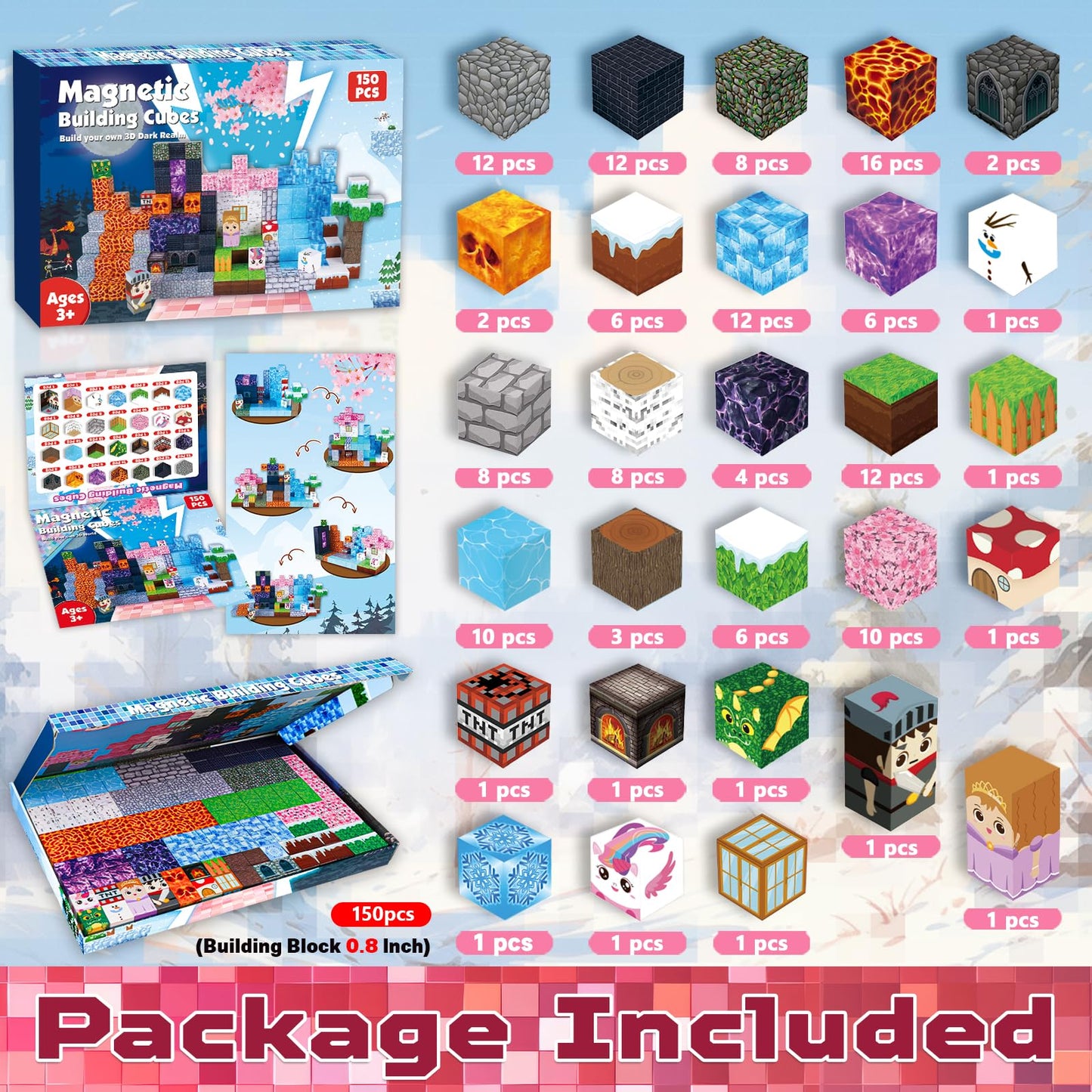 Magnetic Blocks-150Pcs Magnetic Building Blocks Magnetic Tiles Stacking Dark Forest Glacier Castle, Stem Montessori Sensory Toys