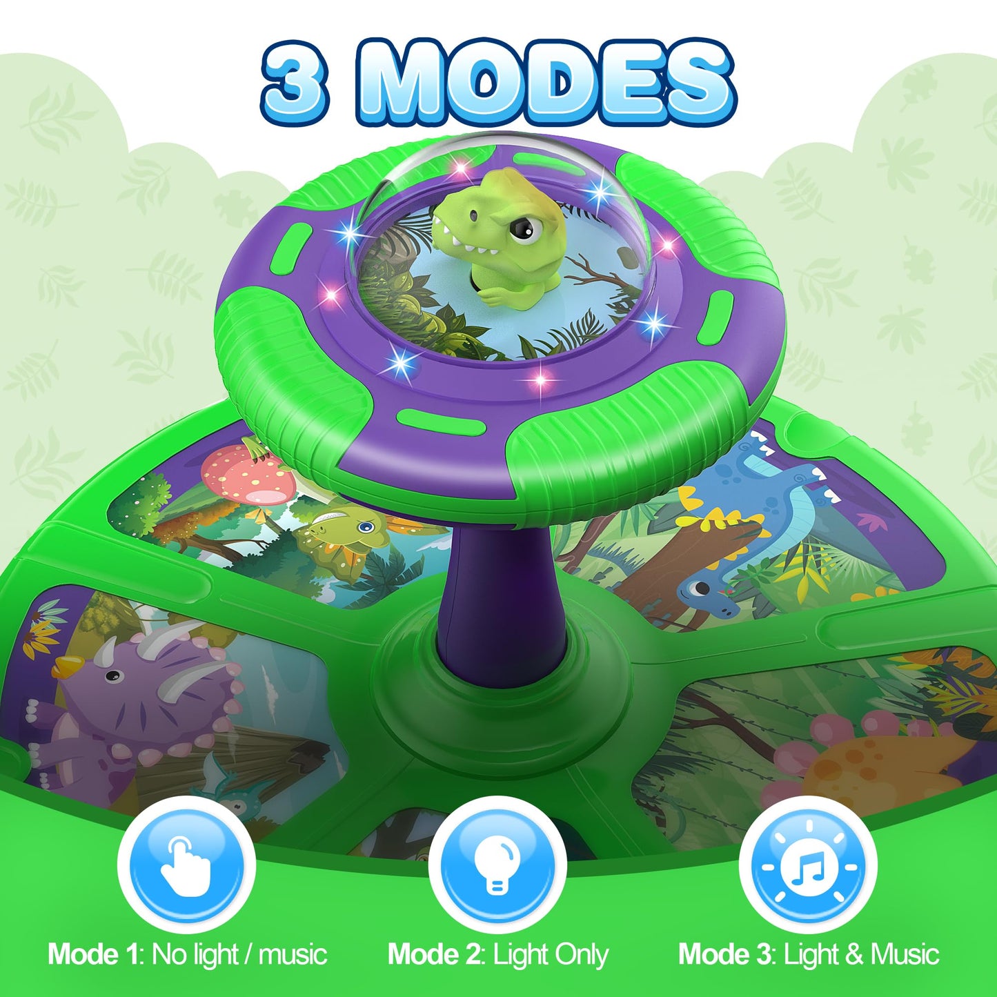 Flooyes Dinosaur Sit And Spin Toys For Toddlers Boys 1 2 3 Years Old, Birthday Gift For Boys Age 2-4 With Led Lights And Music, 360° Spin