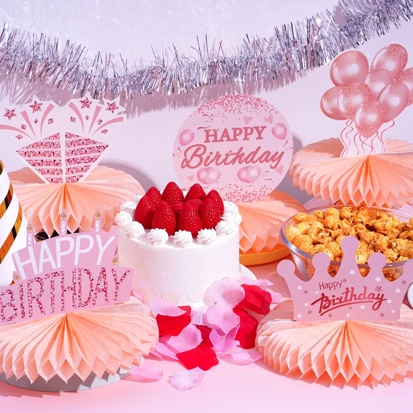 Yalikop 8 Pcs Pink Rose Gold Birthday Decorations for Women Happy Birthday Honeycomb Centerpieces for Tables Glitter Birthday Ta