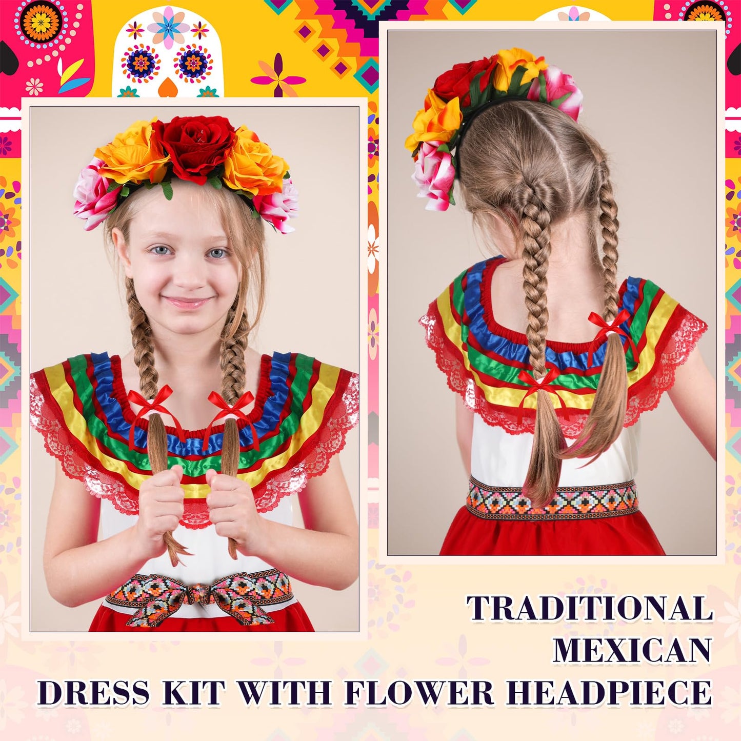 Funnysoft 6 Pcs Mexican Dress for Girls Traditional Cinco De Mayo Dress with Flower Headpiece Fiesta Dress Costume(for 4 Years)