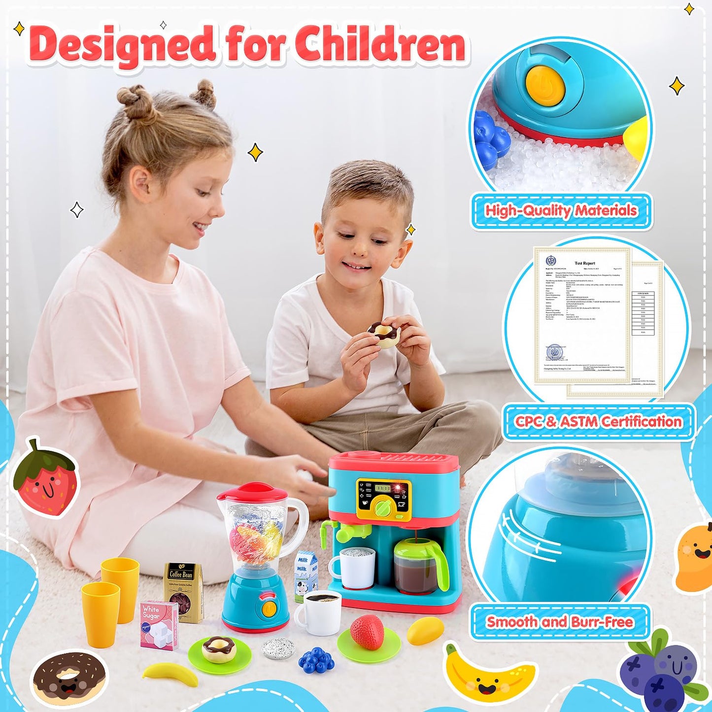 PLAY Kitchen Appliances Toys Set, Pretend Play Kids Kitchen Playset with Coffee Maker, Toy Blender and Play Foods, with Realisti