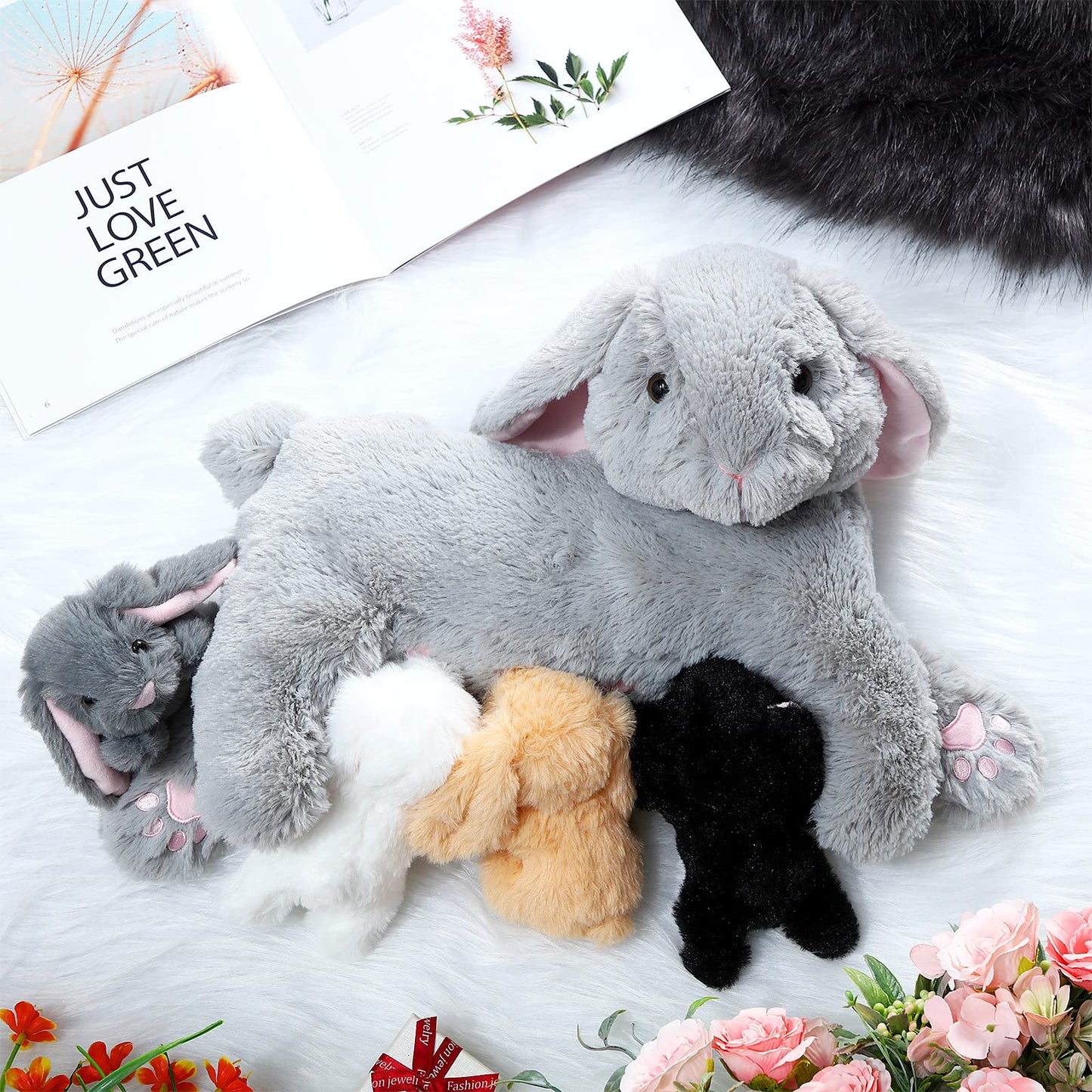 Hydren Nursing Bunny Stuffed Animal Plush Toys 15 Inch Plush Bunny Mommy With 4 Stuffed Magnetic Baby Rabbit Plushies For Kids B