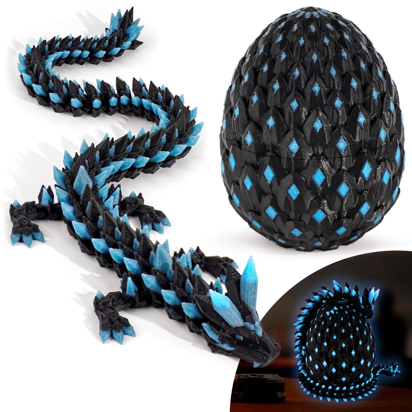 Waaaandefu 3D Printed Dragon Glow in The Dark with Matching Egg - UV Reactive 3D Printed Dragon Egg Set - Upgraded 2025 Collecti
