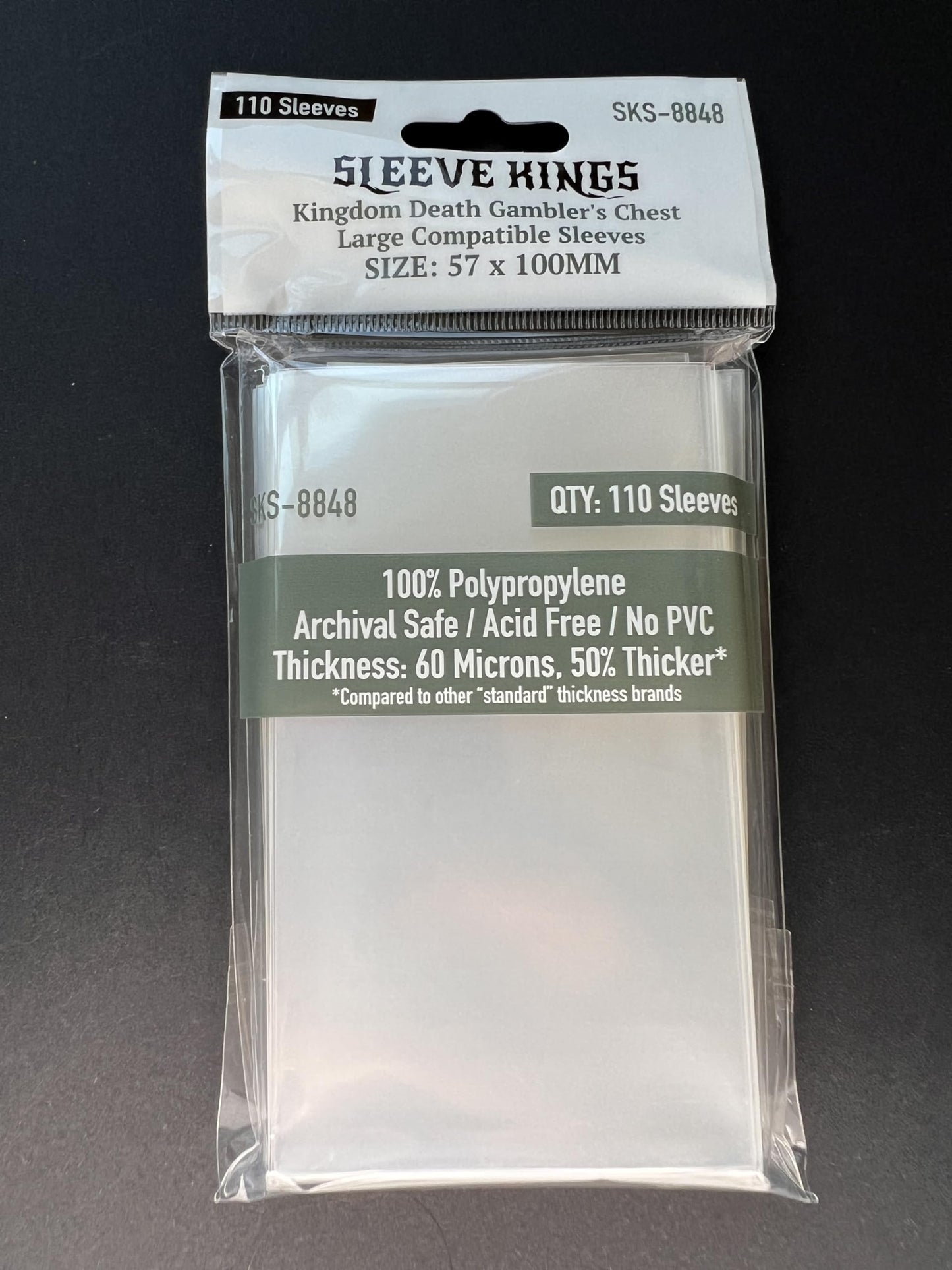 Premium Card Sleeves: 'Kingdom Death Gambler'S Chest Large Compatible Sleeves (57 X 100 Mm) -110 Per Pack