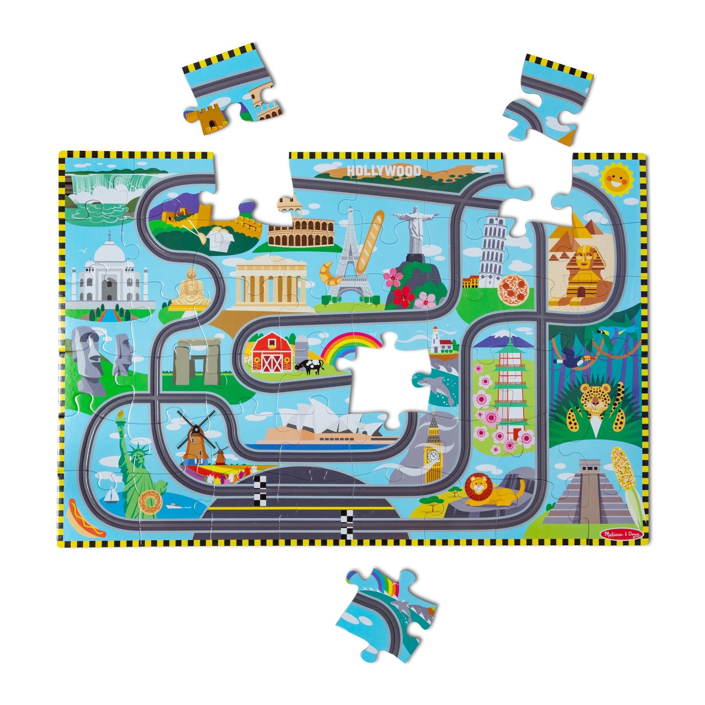 Melissa & Doug Race Around The World Tracks Cardboard Jigsaw Floor Puzzle And Wind-Up Vehicles – 48 Pieces, For Boys And Girls 4+ - Fsc Certified