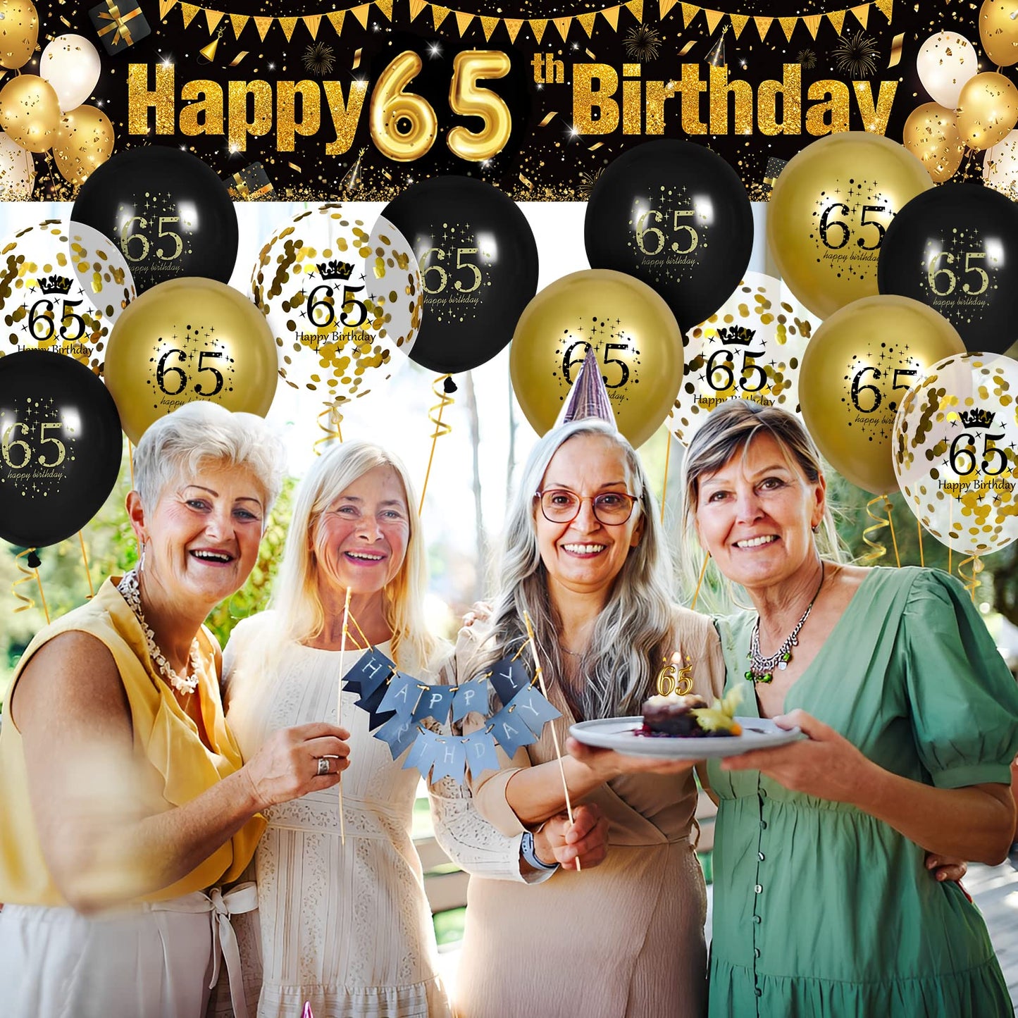 65Th Birthday Decorations For Men Women Black And Gold, Black Gold Birthday Yard Banner Sign And 18 Pcs 65Th Happy Birthday Balloons For 65Th Anniversary Birthday Party Supplies Outdoor Yard Decor
