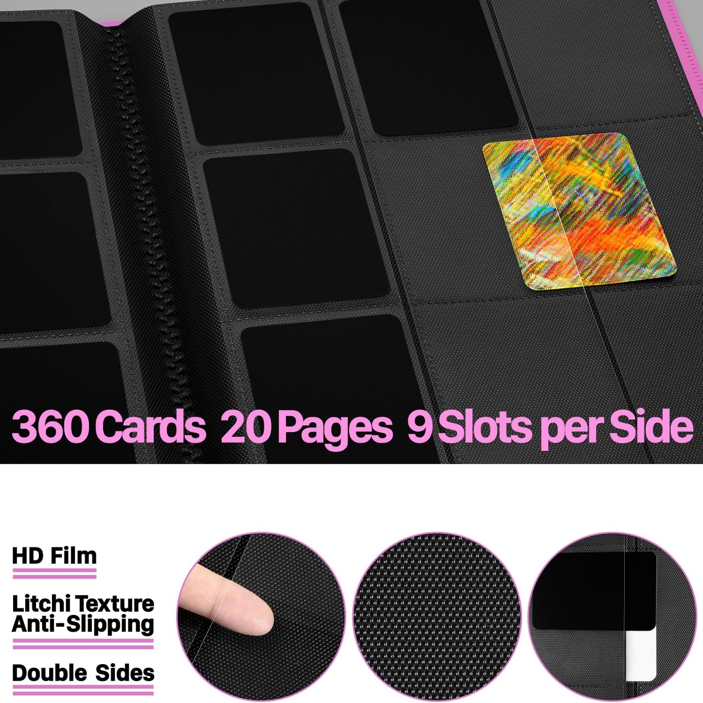 (2025) Trading Card Binder 9 Pocket enhanced Sports Collection Binder Game Cards Book with Sleeves Side Loading Anti-open Strap Double Sided Waterproof 360 Card Folder