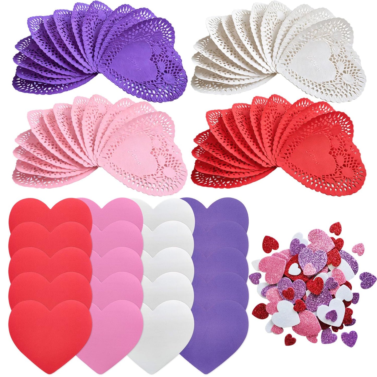 mufanyu 200 Pcs Valentines Day Crafts Gifts Set with 100 Heart Doilies, 20 Foam Hearts, 2 Bags Valentine Foam Stickers, DIY Craf
