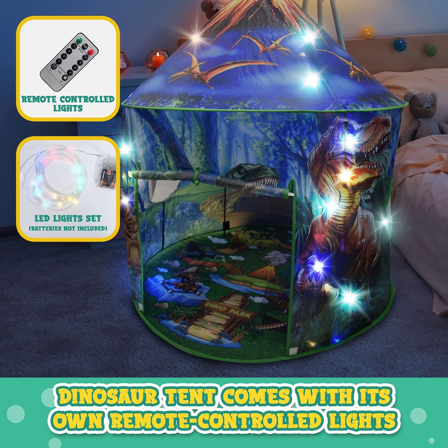 Dinosaur Pop Up Kids Play Tent By Toy To Enjoy Indoor & Outdoor, Boys & Girls Includes Remote Controlled Lights, Roar Sound Butt
