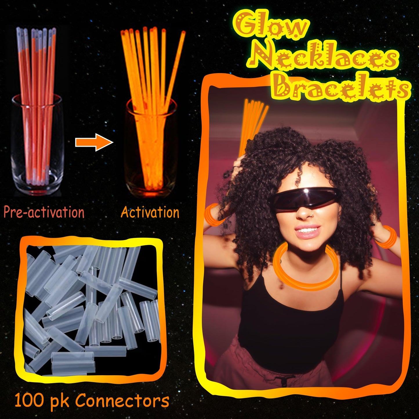Ilhsty 100 Pcs 8'' Orange Glow Sticks Glow In The Dark Party Favors Supplies Bright Glowsticks Necklaces Bulk For Christmas Hall