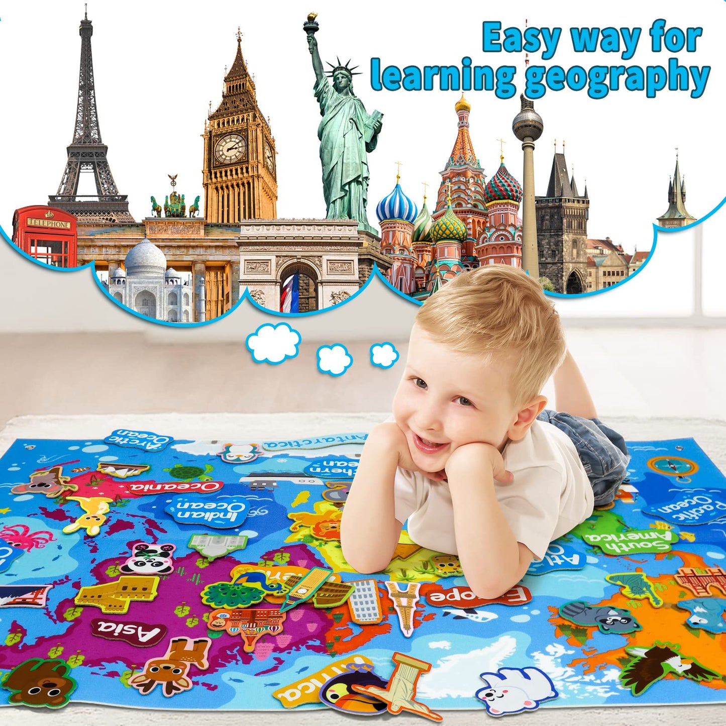 Taika World Felt Set, Felt World Map with World Famous Sights, Educational Play Mat Flannel Board Set, 43x28 inch Preschool Lear