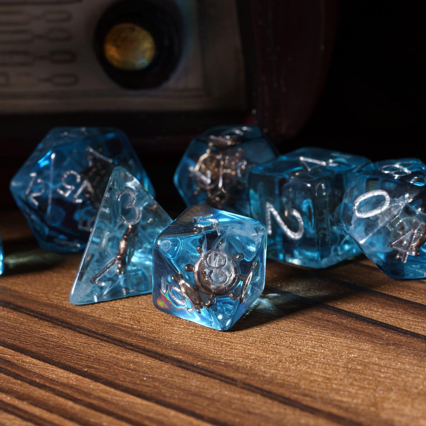 UDIXI 7PCS Polyhedral Dice Set D&D Filled with Rudder, Blue DND Dice with White Floating Silk for Dungeons and Dragons RPG MTG a