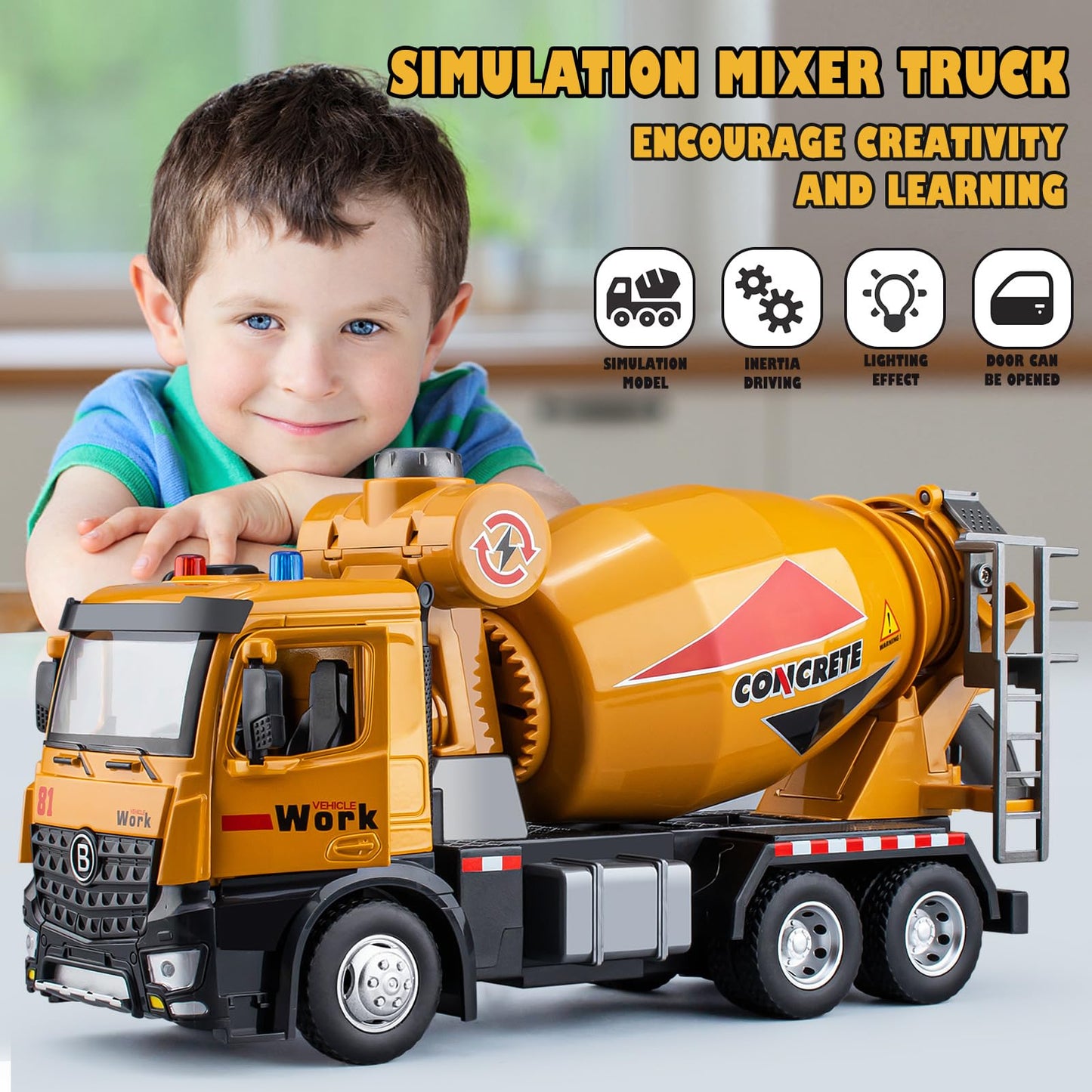 HAPYAD Cement Mixer Toy Truck Metal Cab, Big Construction Truck with Lights Sounds and Working Movable Parts, Friction Powered C
