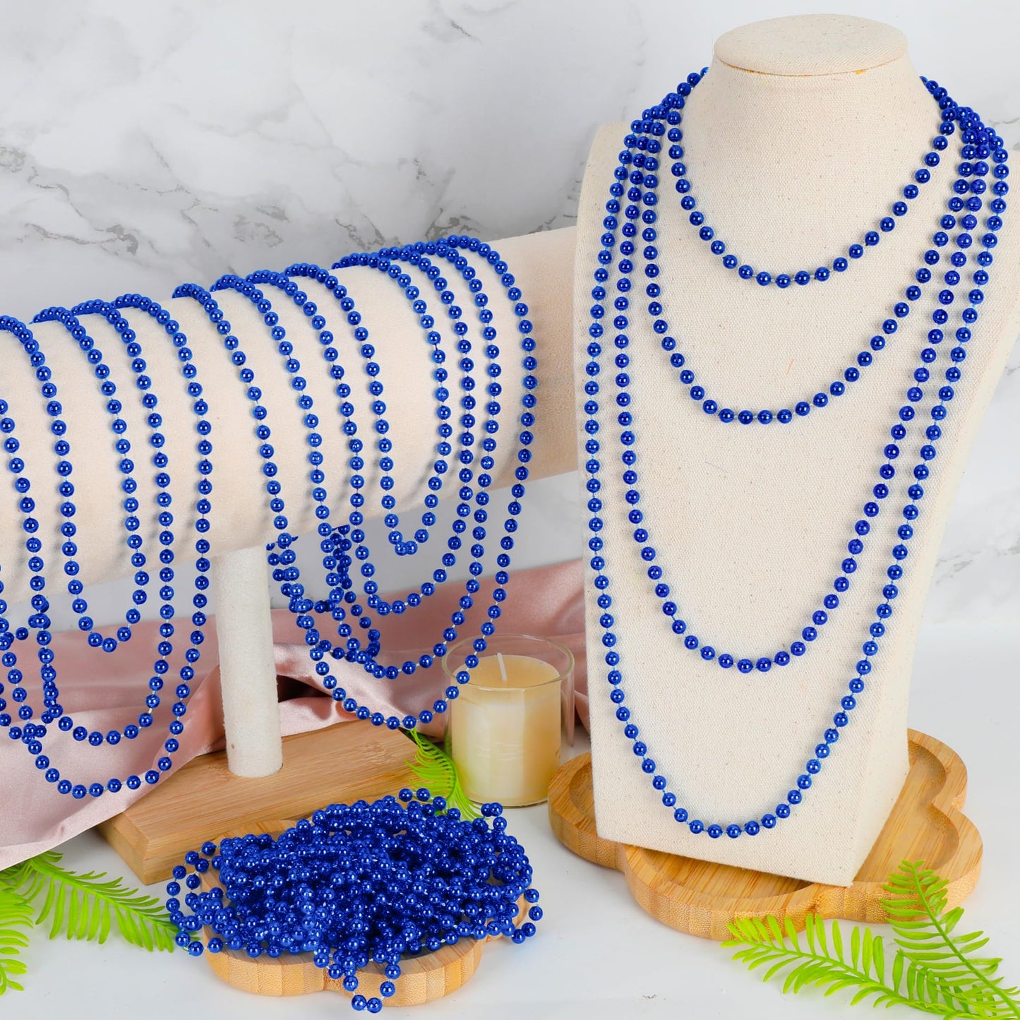 100 Pcs Blue Mardi Gras Beads Necklaces, 33'' Metallic Patriotic Carnival Beaded, 4Th Of July Costume Necklaces Bulk, Mardi Gras