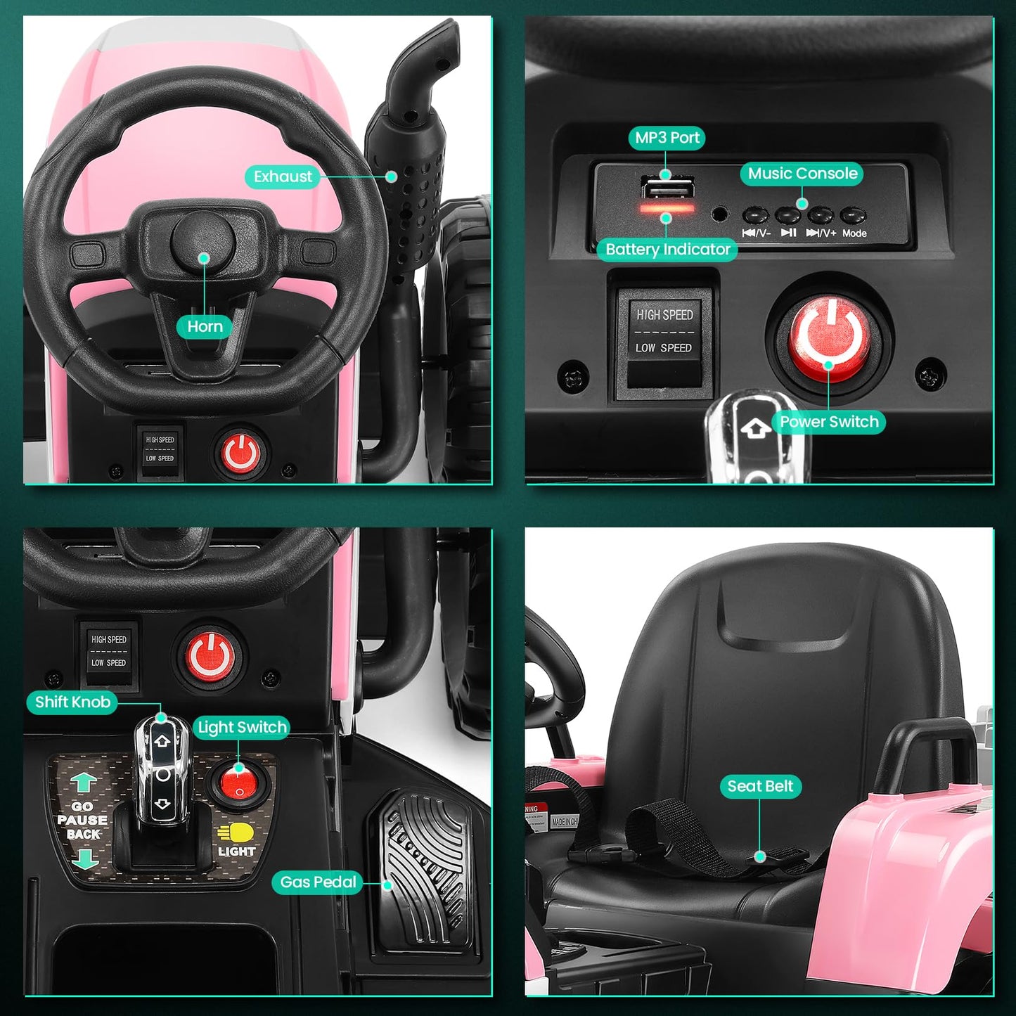 Hikole Ride on Tractor with Trailer, Kids Electric Tractor with Remote Control, Detachable Trailer, 11-LED Headlights, 30W Dual