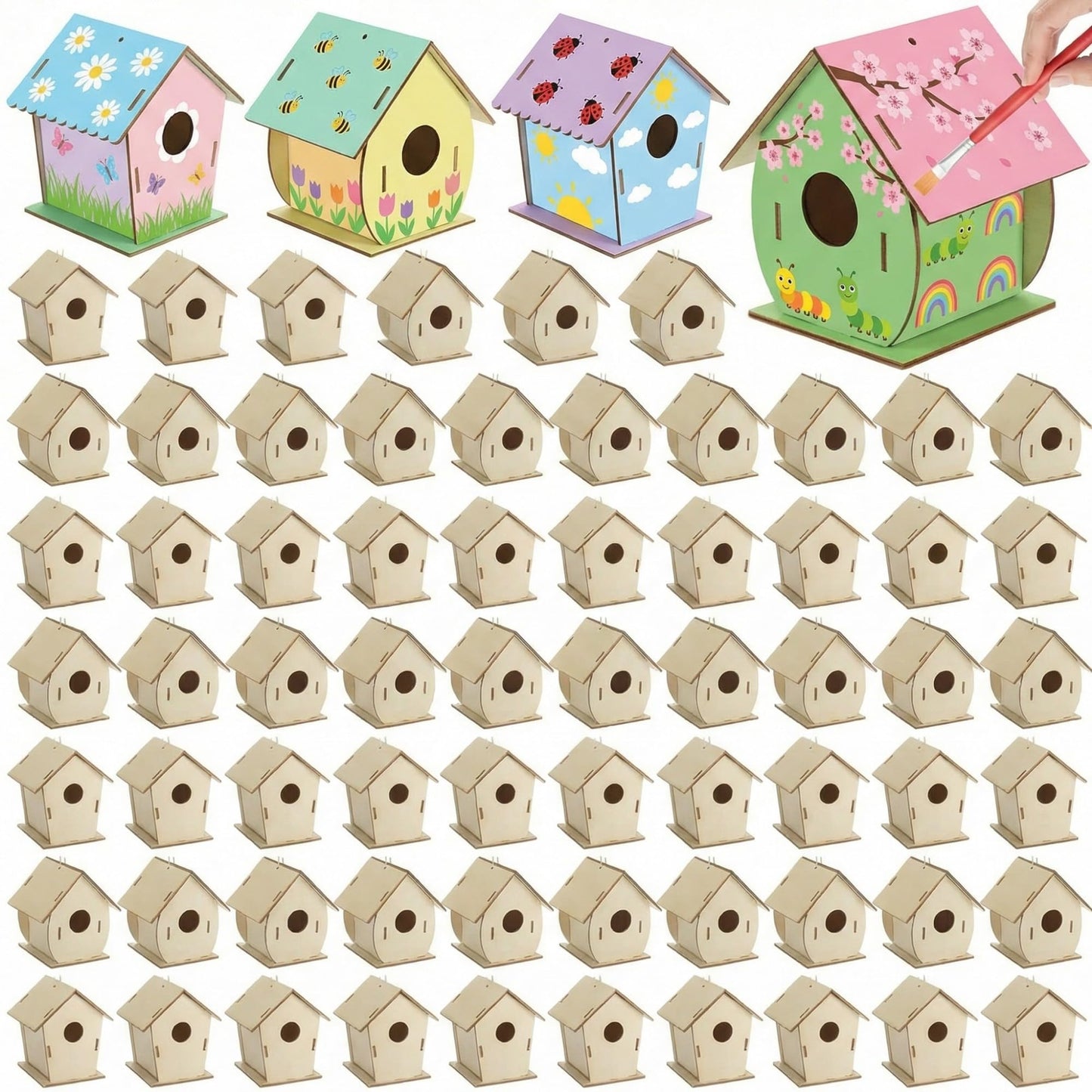 DoubleFill 30 Pcs Wooden Bird Houses Bulk for Kids Unfinished Wood Birdhouses for Children Wood Craft Project Kits for DIY Woode