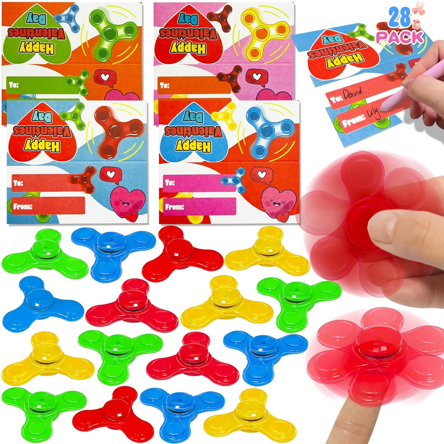 28 Pack Valentines Cards For Kids With Fidget Spinners, Stress Relief Spinners Toys For Valentine Gifts Boys Girls Finger Stress