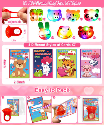 Valentines Day Gifts for Kids 28 Pack Valentines Cards with Prefilled 7 Shapes Led Light Up Rings Bulk Party Favors Toys for Kid