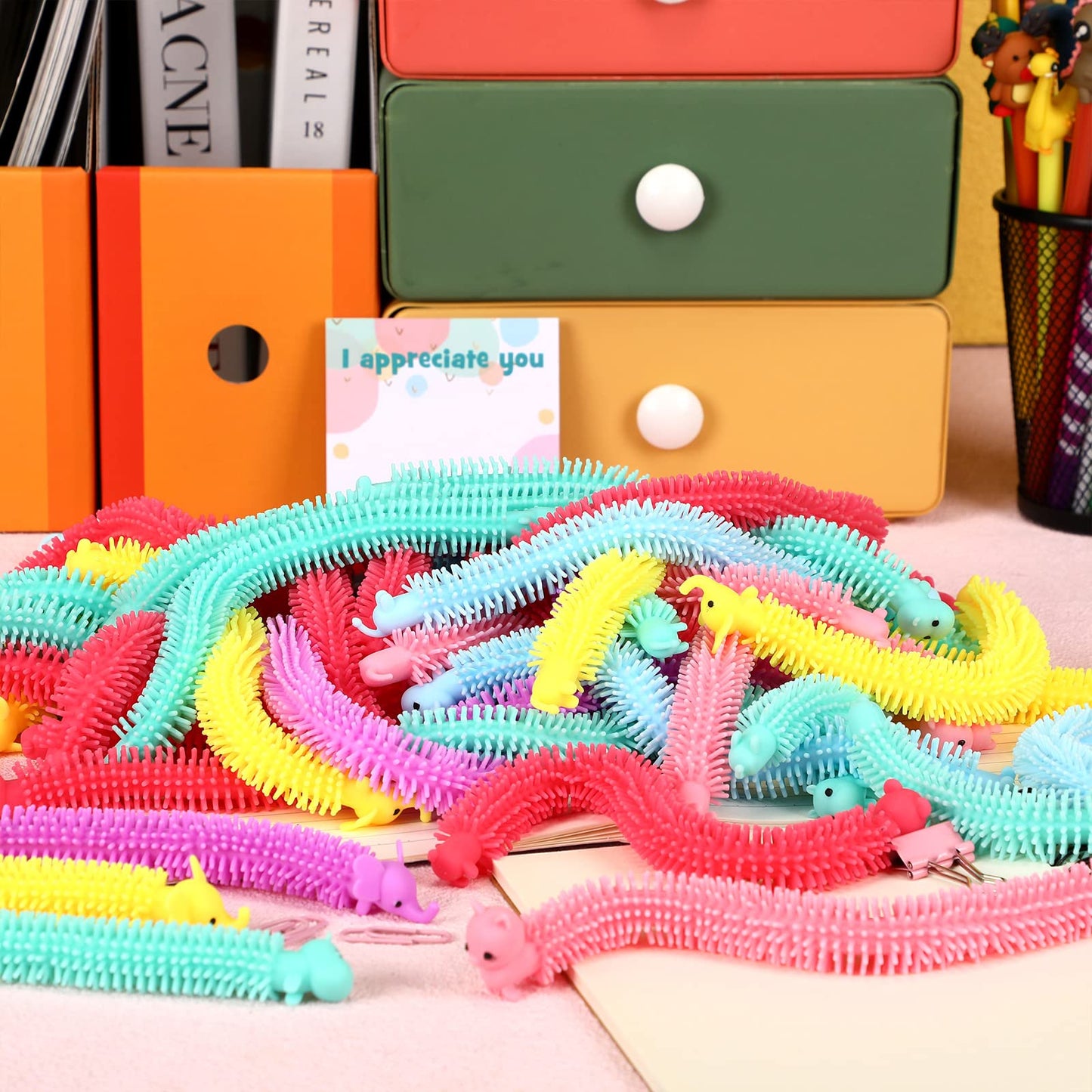 Chivao 150 Pack Bulk Stretchy String Fidget Toys Animal Sensory Toys For Kids And Adults Colorful Fidget Worm Stress Anxiety Rel