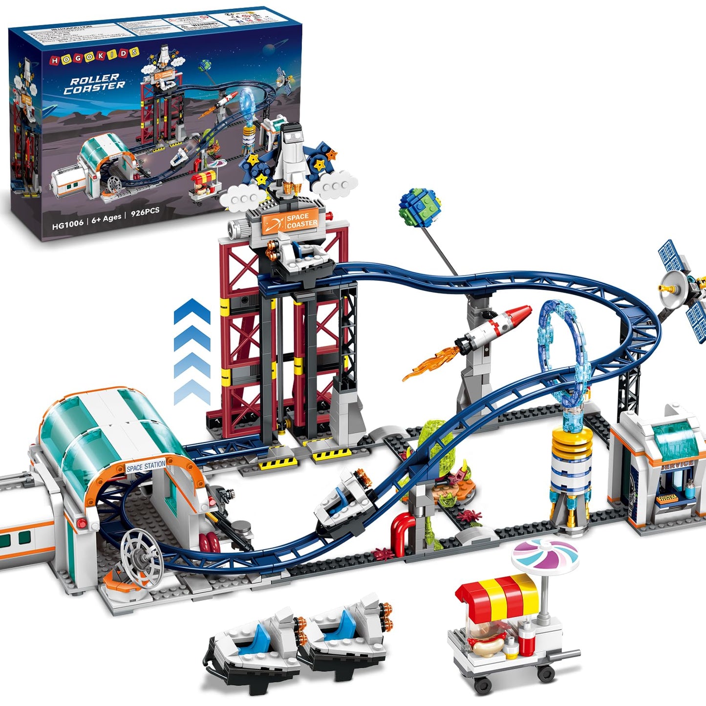 Hogokids Space Roller Coaster Building Toy - 926Pcs Coaster Building Set Features Lift Platform, Satellites, Rocket Buildable Space Rollercoaster Adventure Park For Adults Kids Girl Boy Ages 6-12 Year
