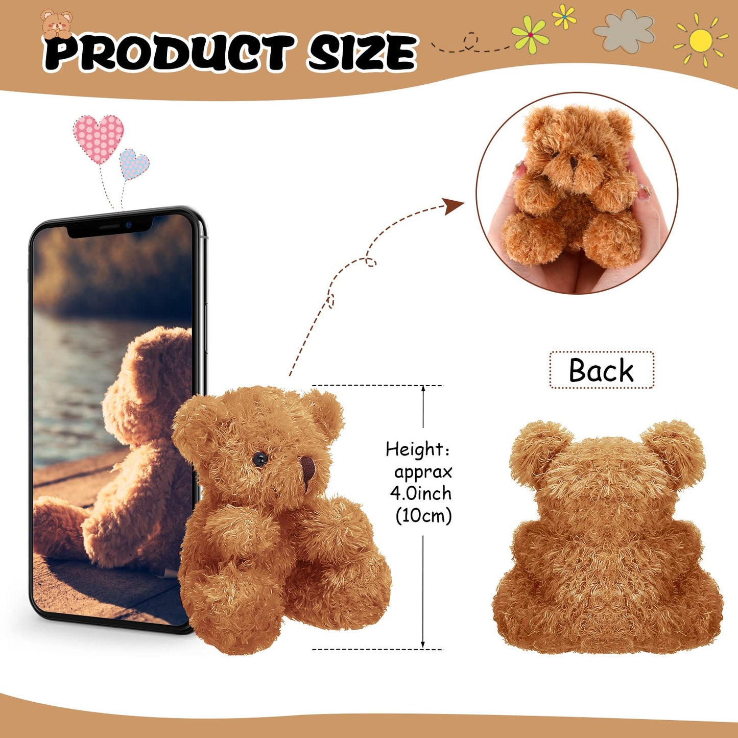 Aoriher 6 Mini Bear Plush Toys, 4 Inch Soft Brown Stuffed Animal Dolls for Baby Shower Favors, Graduation Gifts, Keychain Bag Charms