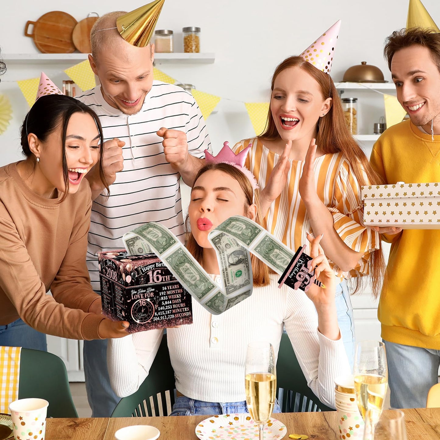 Sereliy Sweet 16th Birthday Decorations for Girls Money Gift Box for Cash Gift Pull, Black Pink Money Gift Boxes Sweet Sixteen P